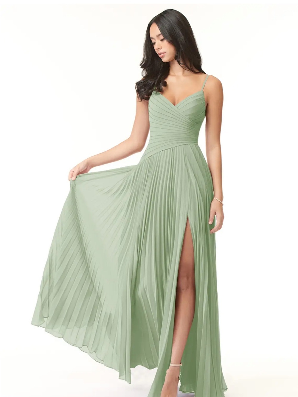 Azazie Vini Dusty Sage A-Line V-Neck Pleated Chiffon Dress